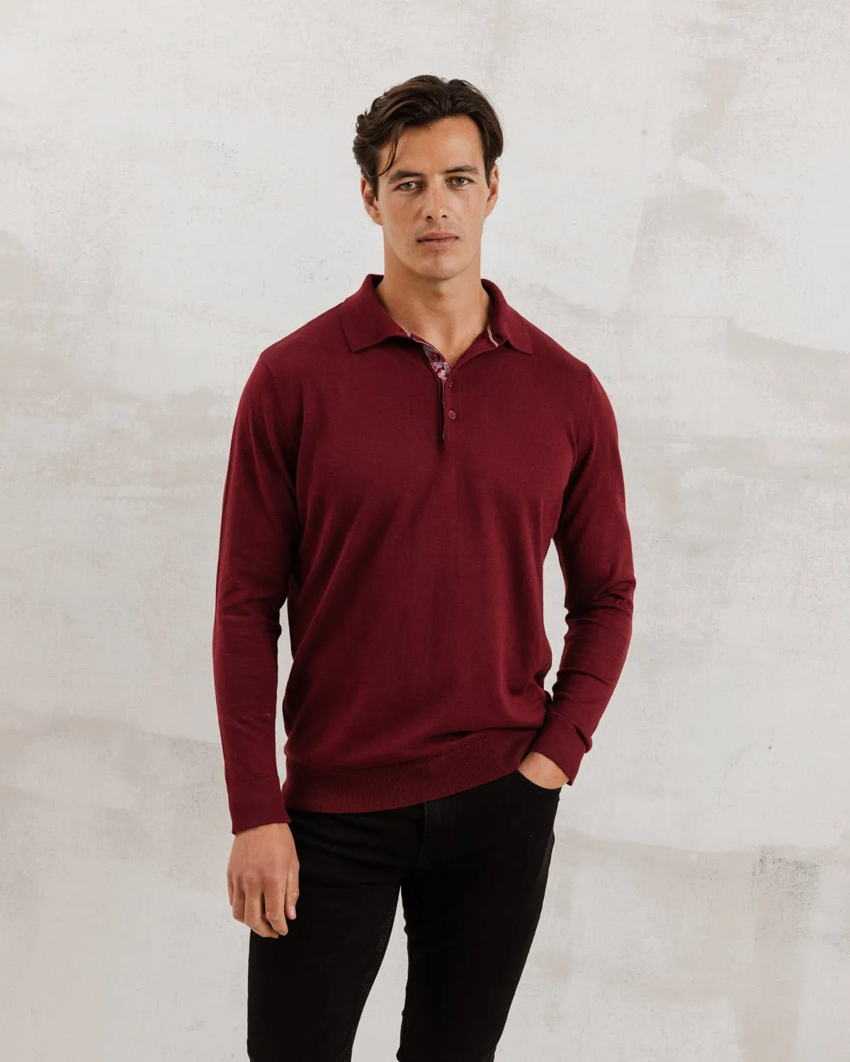 Burgundy Knit Polo with Sakura Tree Accents