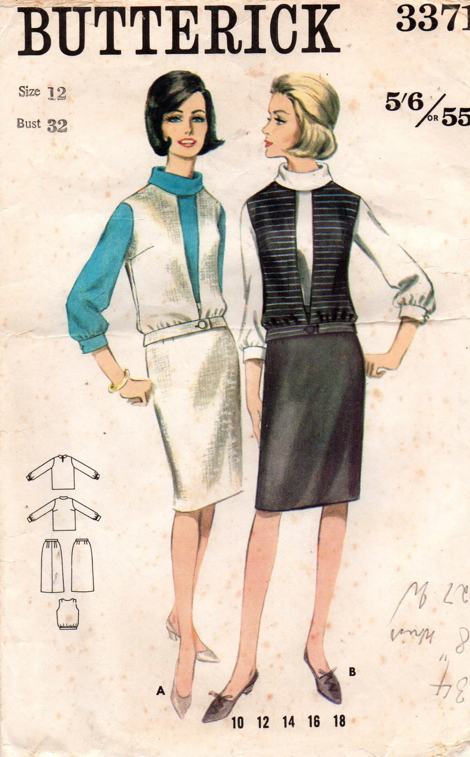 Butterick 3371 Womens High Cowl Neck Blouse Cropped Vest & Skirt 1960s Vintage Sewing Pattern Size 12 Bust 32 inches