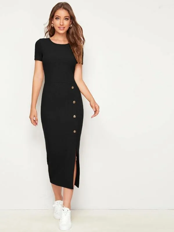 Button Detail Split Hem Rib-knit Dress