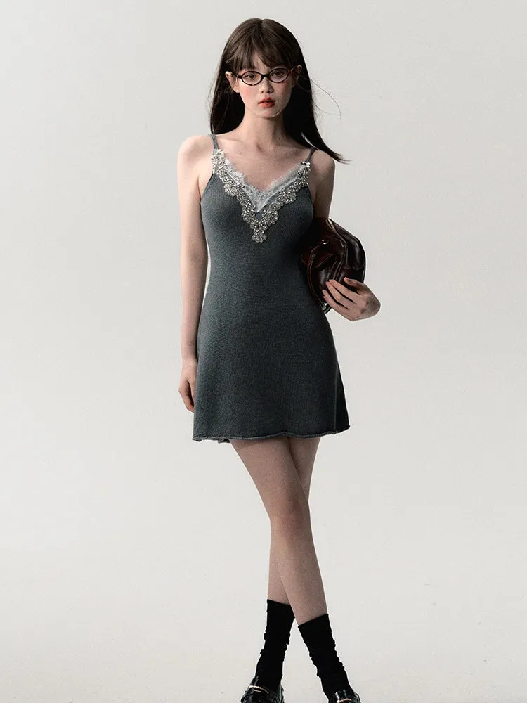 Camisole Lace Tight Bijou Elegant Knit-Dress