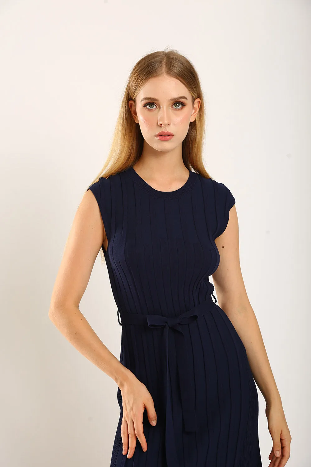 Ciera Texture Belted Knit Dress in Navy Blue