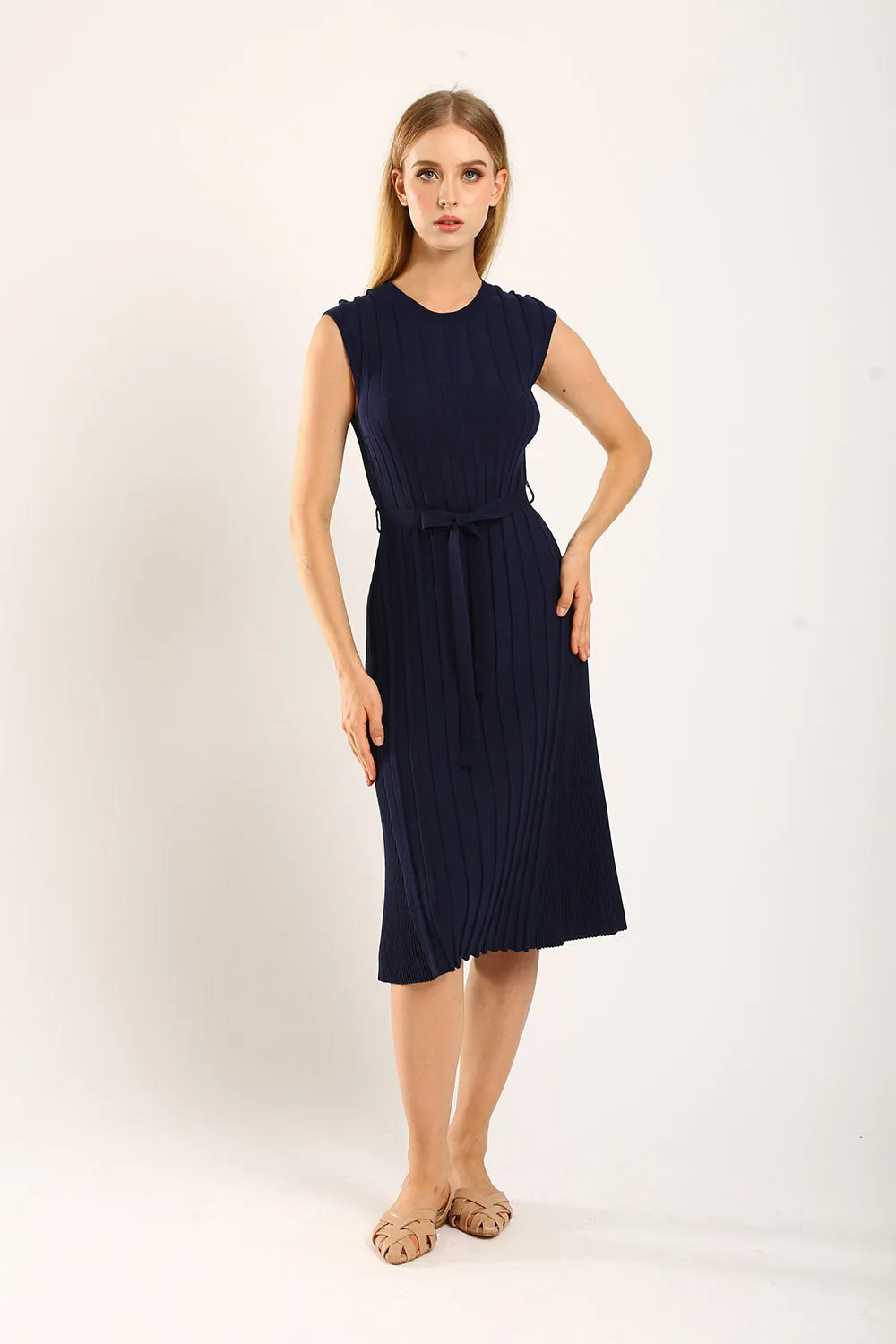 Ciera Texture Belted Knit Dress in Navy Blue