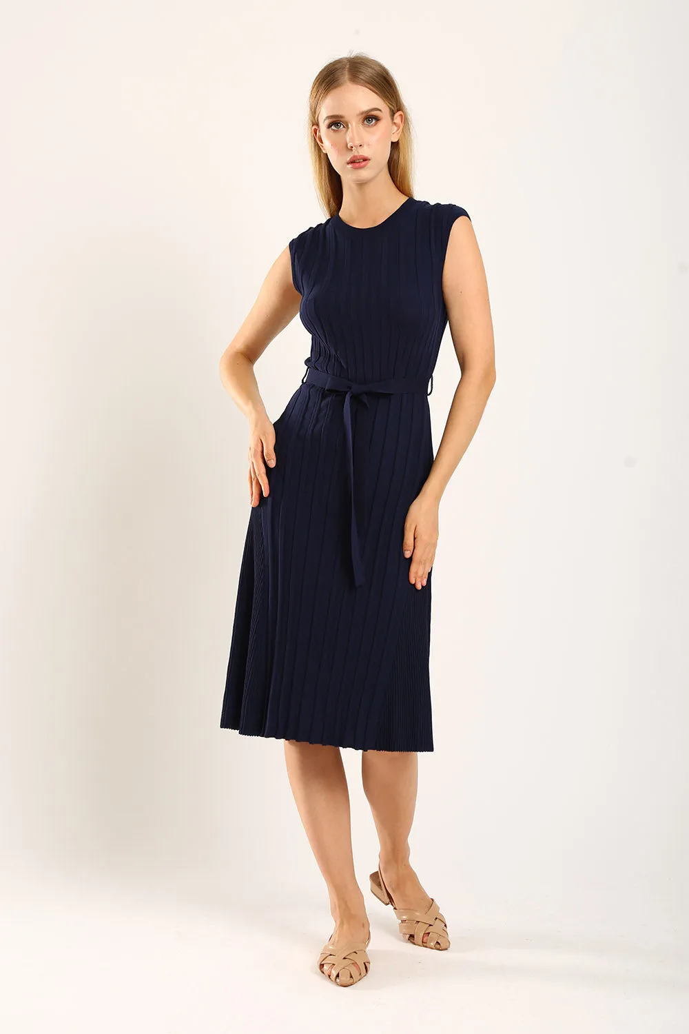 Ciera Texture Belted Knit Dress in Navy Blue