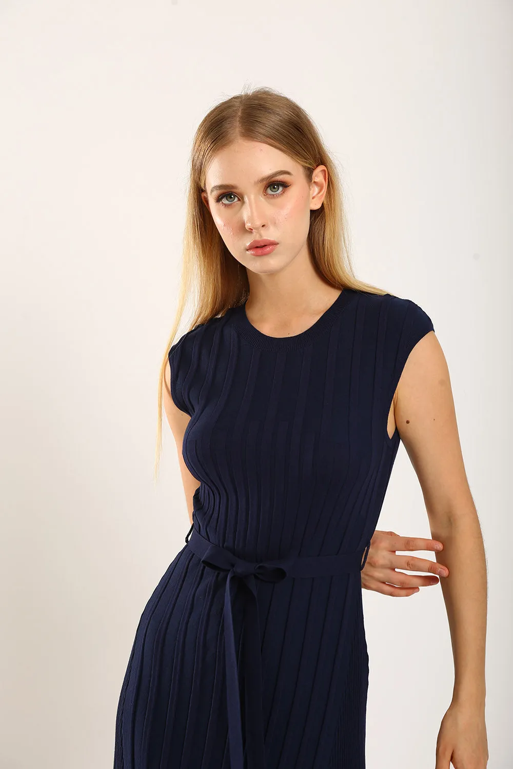 Ciera Texture Belted Knit Dress in Navy Blue