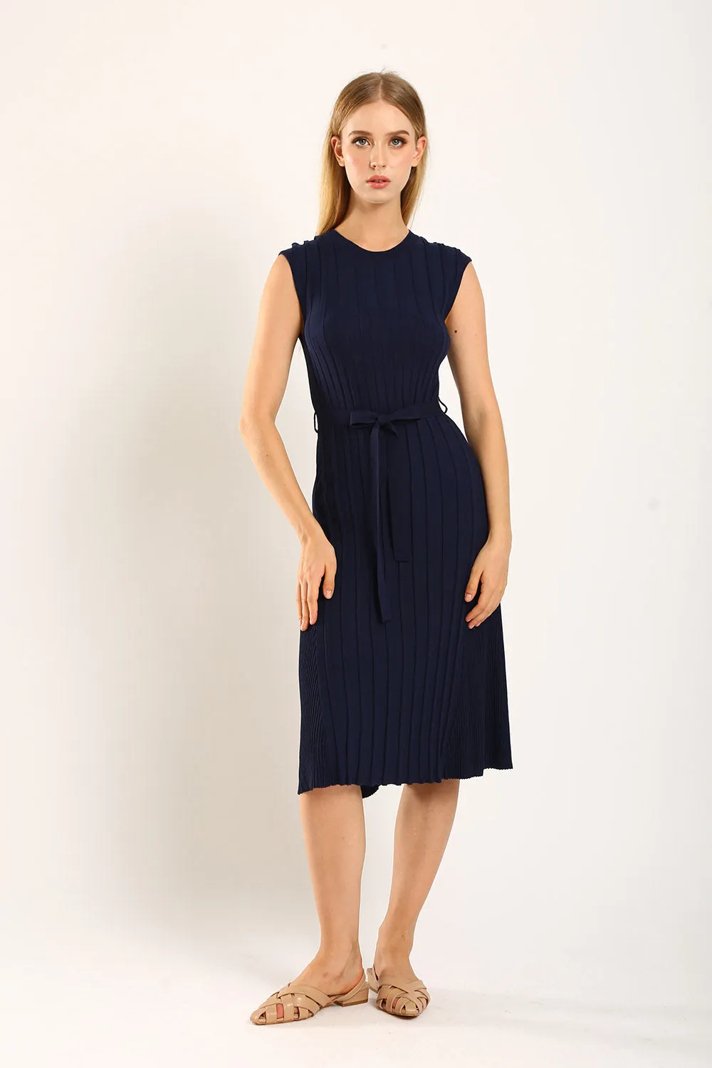 Ciera Texture Belted Knit Dress in Navy Blue