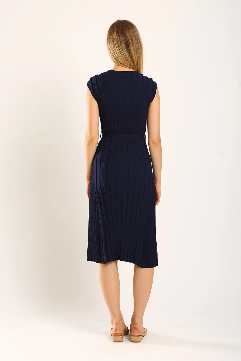 Ciera Texture Belted Knit Dress in Navy Blue