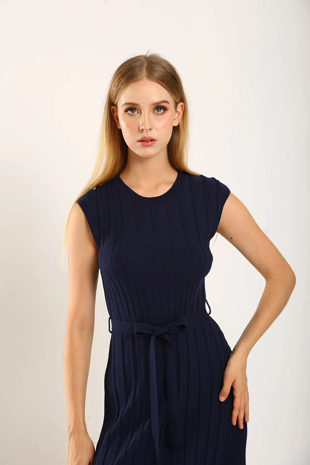 Ciera Texture Belted Knit Dress in Navy Blue