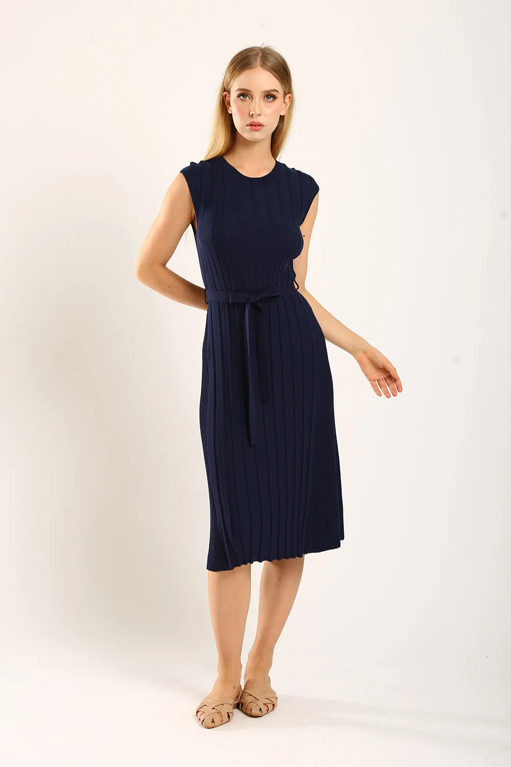 Ciera Texture Belted Knit Dress in Navy Blue