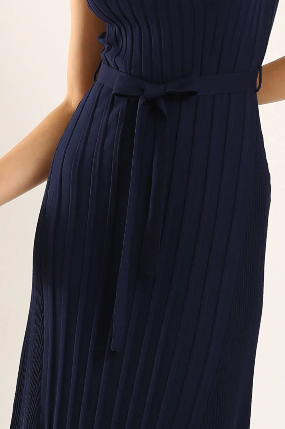 Ciera Texture Belted Knit Dress in Navy Blue