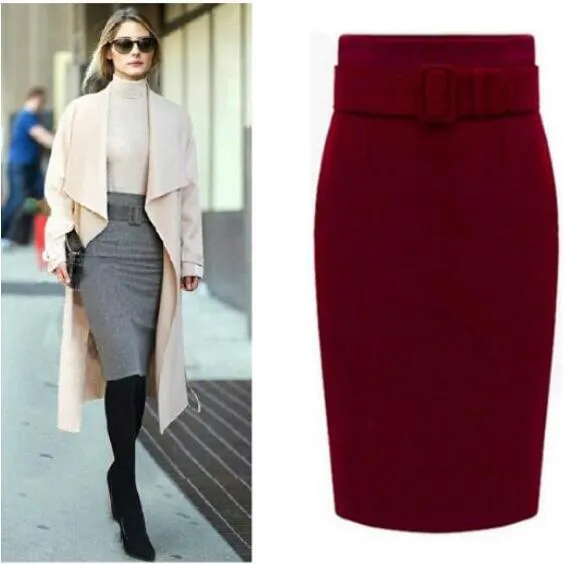 Clearance Fashion Belt Buckle Pure Color Cotton Pencil Skirt