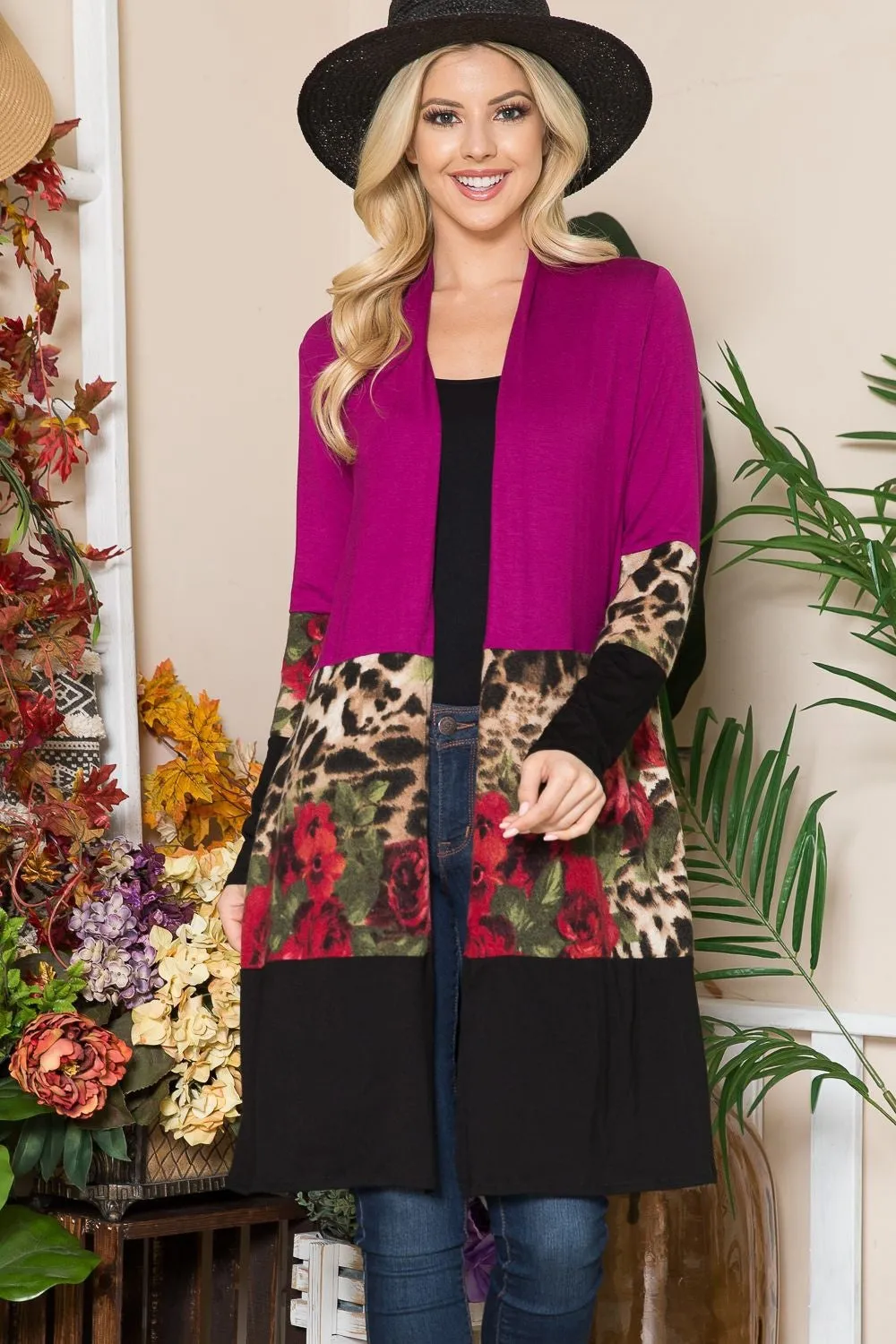 Color Block Magenta Open Front Cardigan