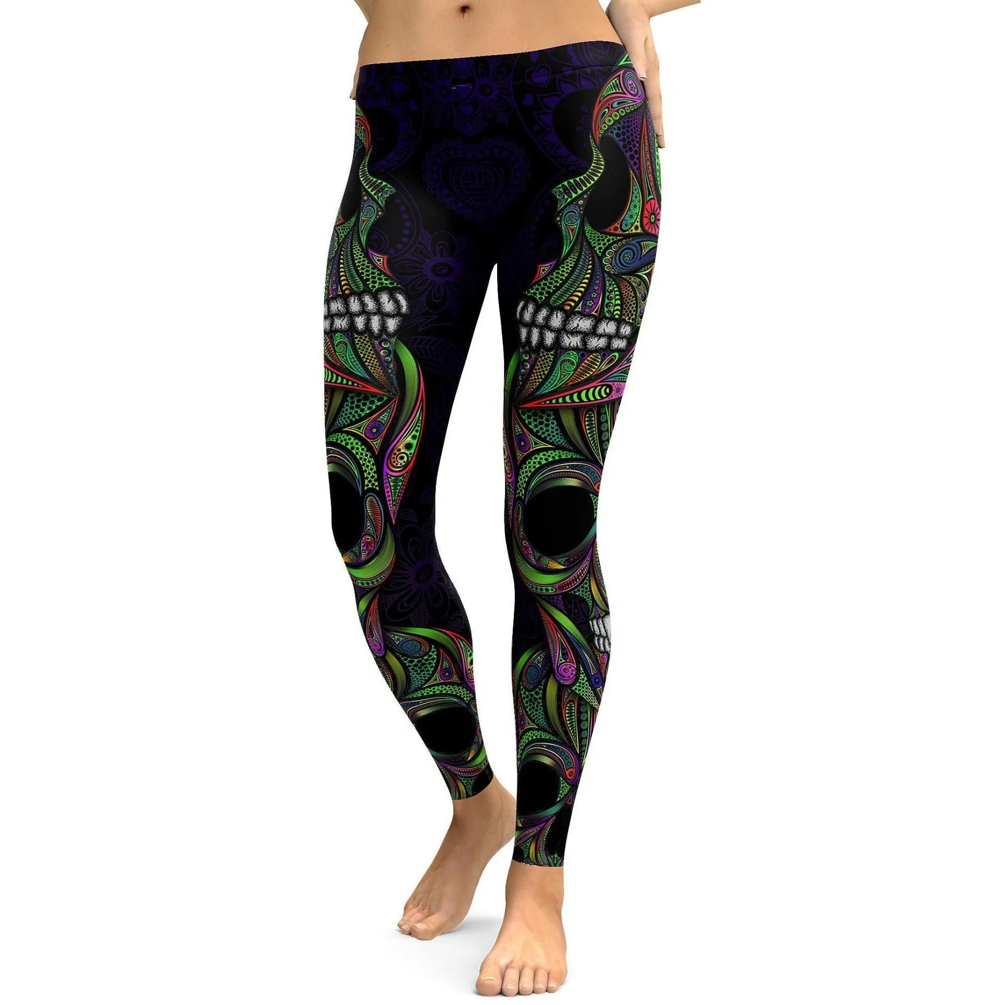 Colorful Green Ornamental Skull Leggings