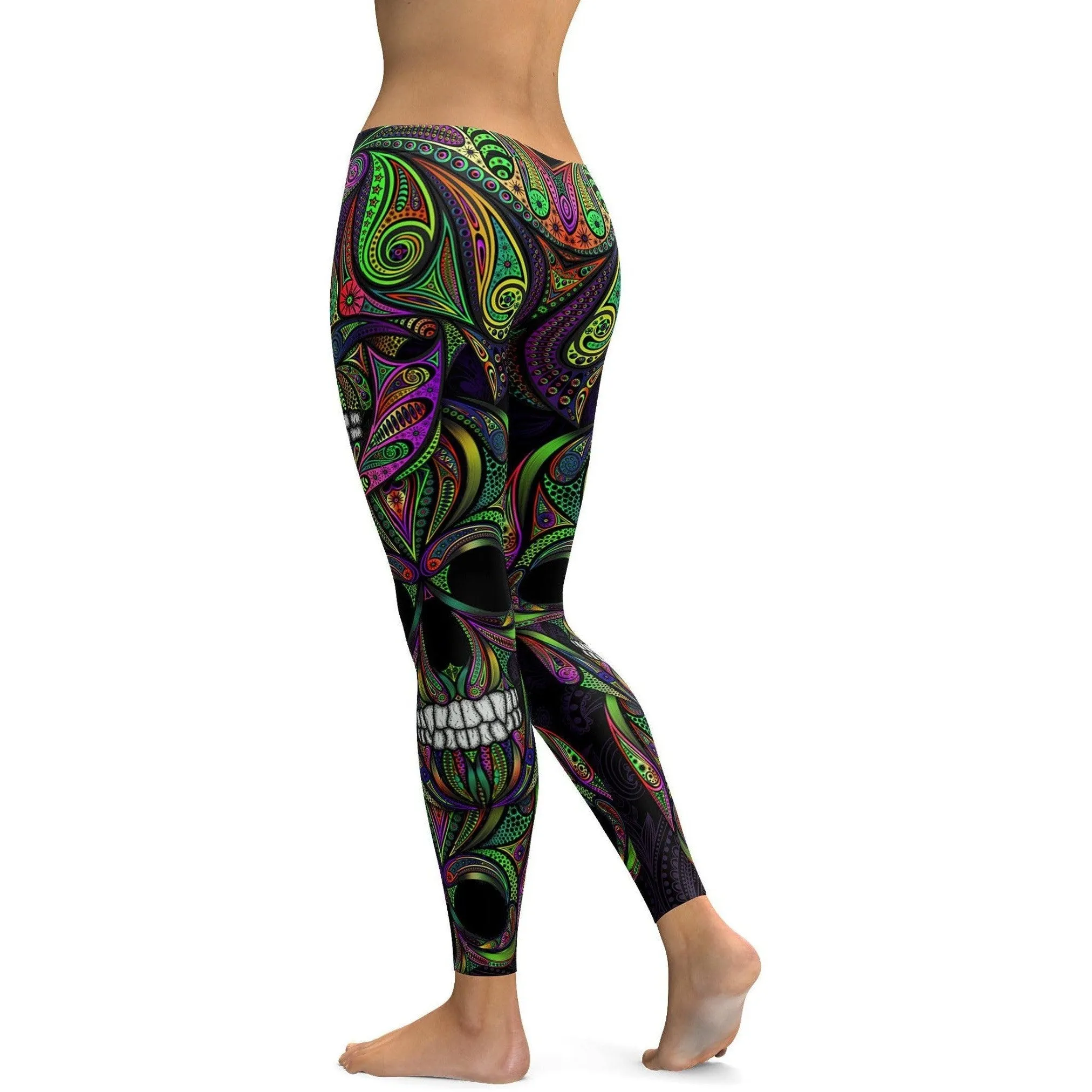 Colorful Green Ornamental Skull Leggings