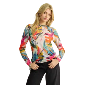 Colorful Tropical Drawing Mesh Long Sleeve Top