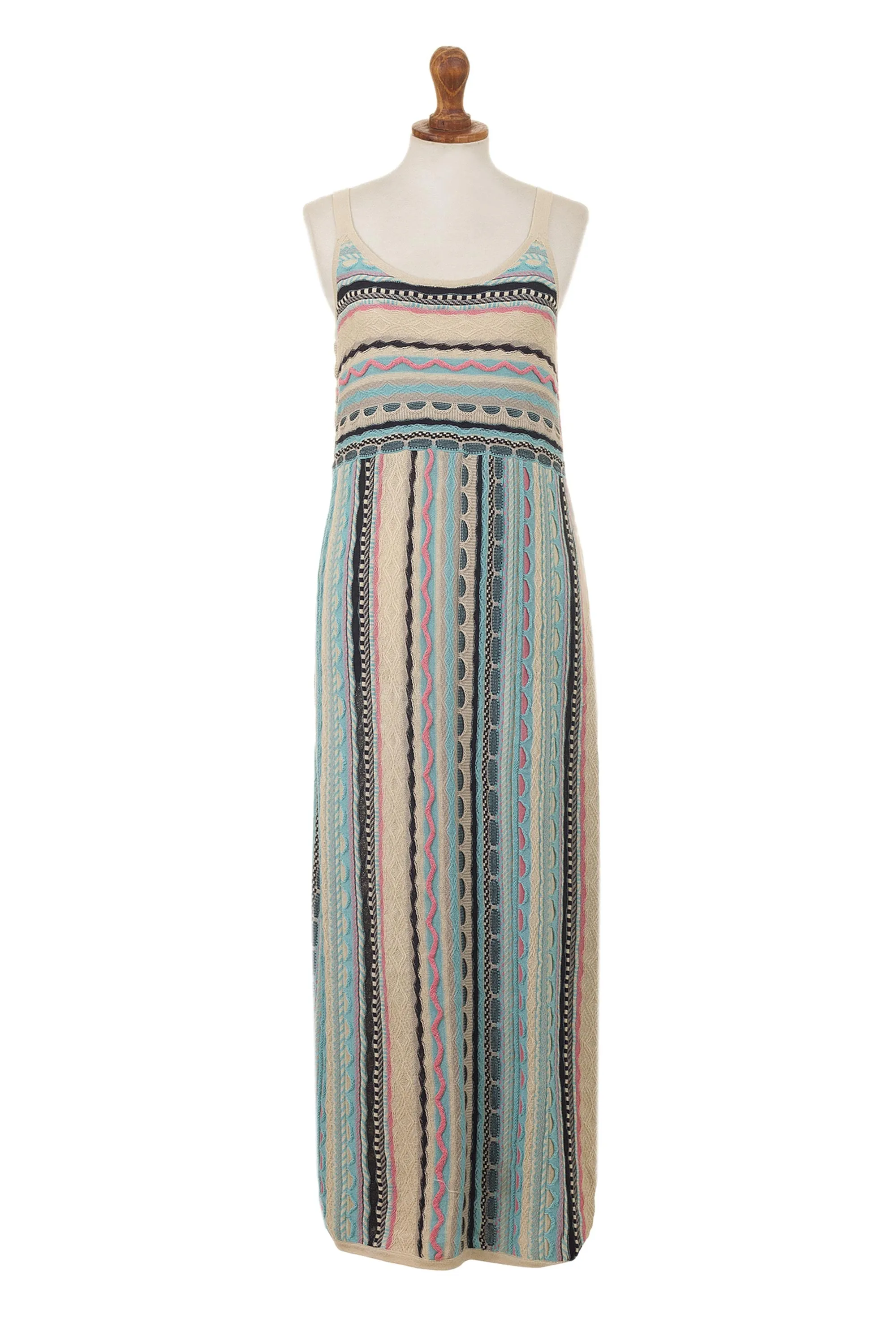 Cotton Knit Maxi Dress in Ivory and Pastel Stripes - Bohemian Princess | NOVICA