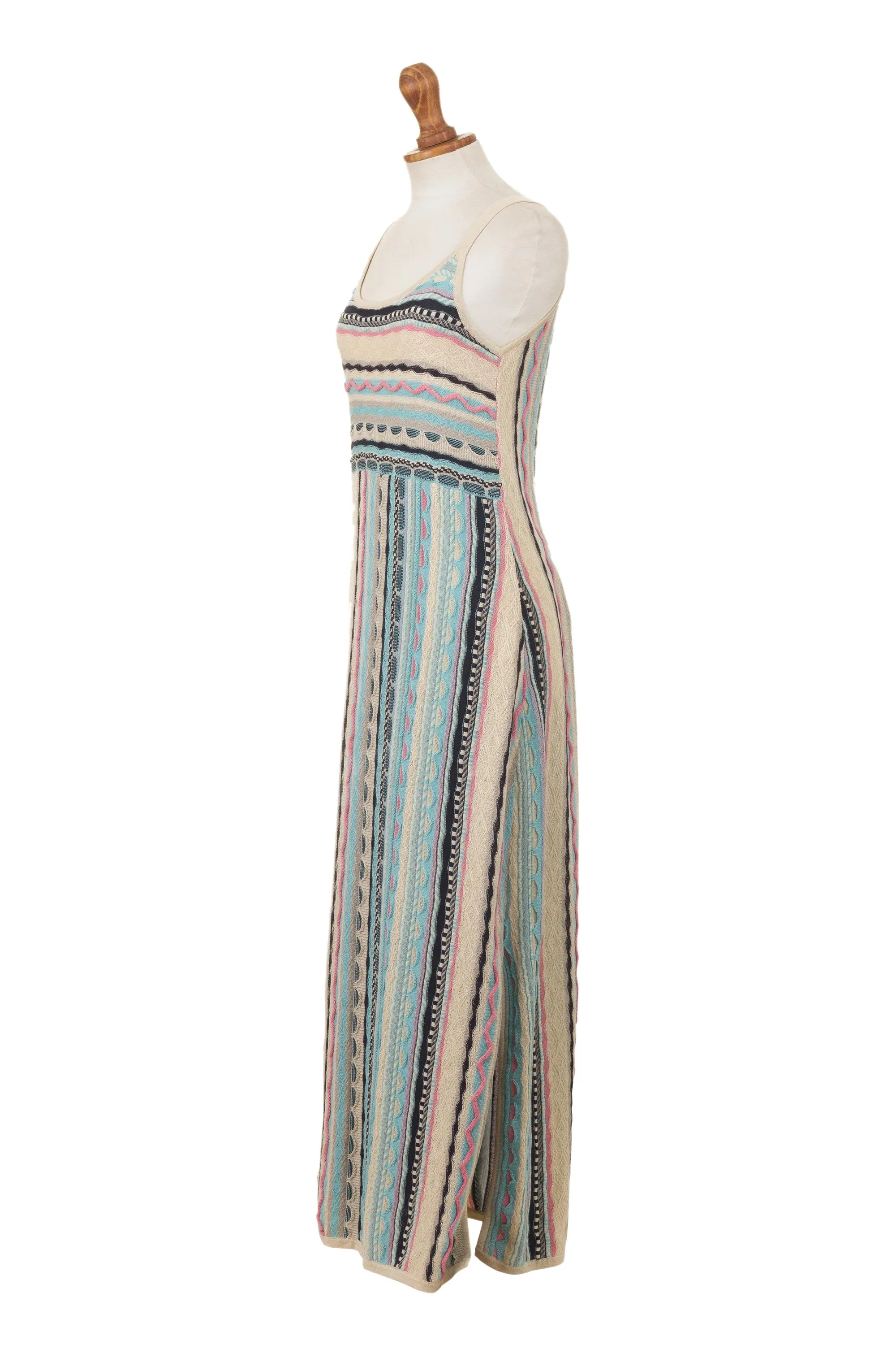 Cotton Knit Maxi Dress in Ivory and Pastel Stripes - Bohemian Princess | NOVICA