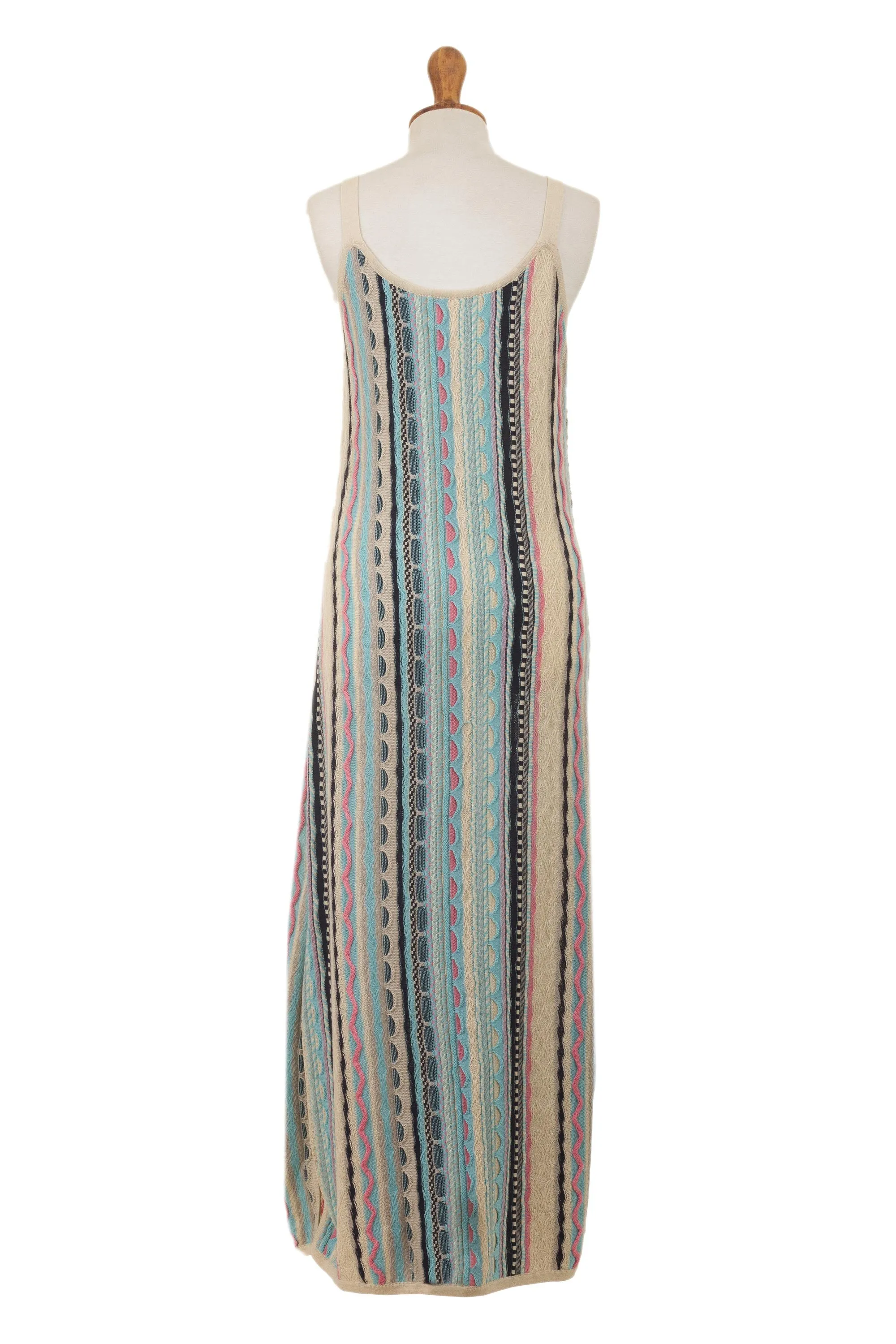 Cotton Knit Maxi Dress in Ivory and Pastel Stripes - Bohemian Princess | NOVICA