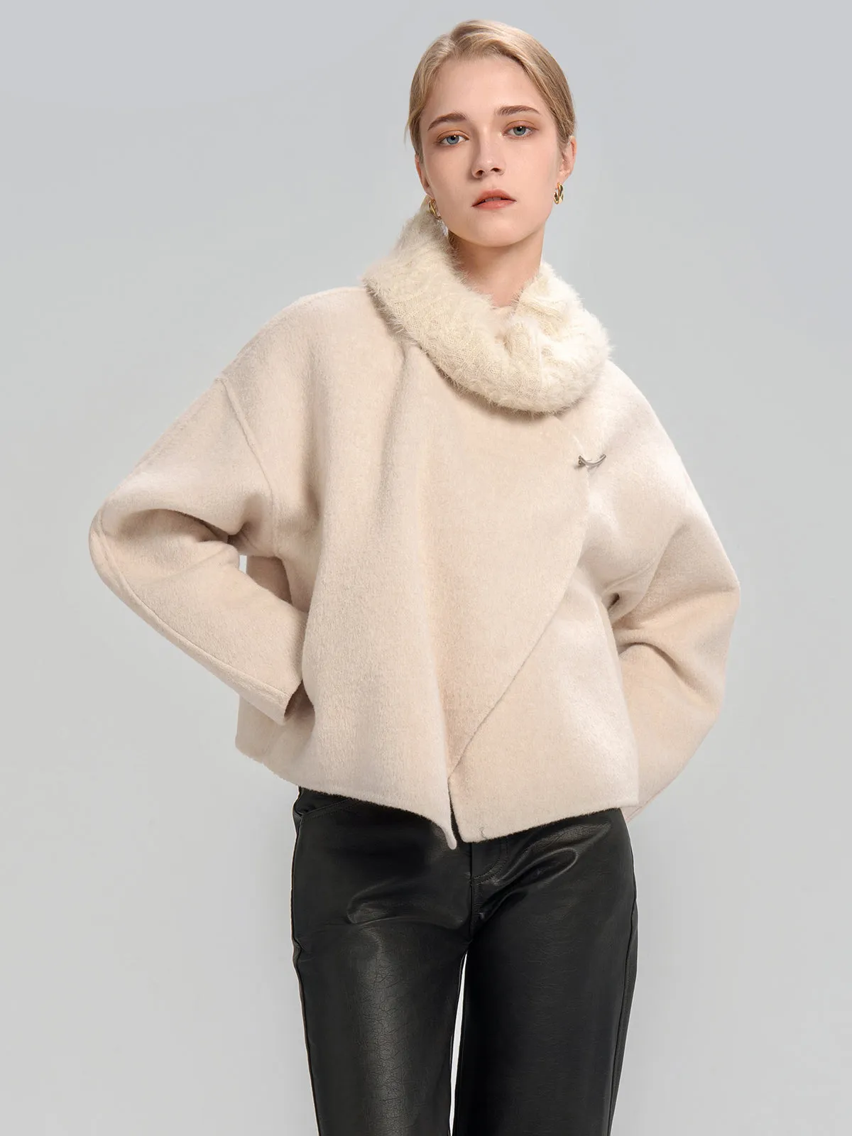 Cropped Woolen Jacket With Scarf