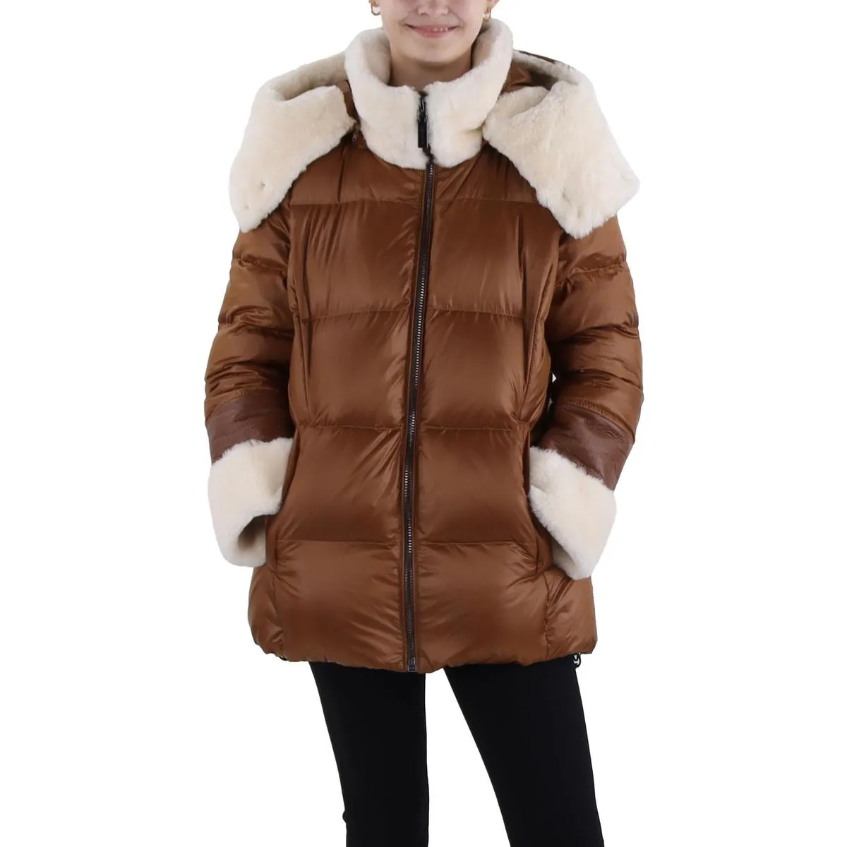 Dawn Levy Womens Aspen Shearling Trim Down Puffer Jacket