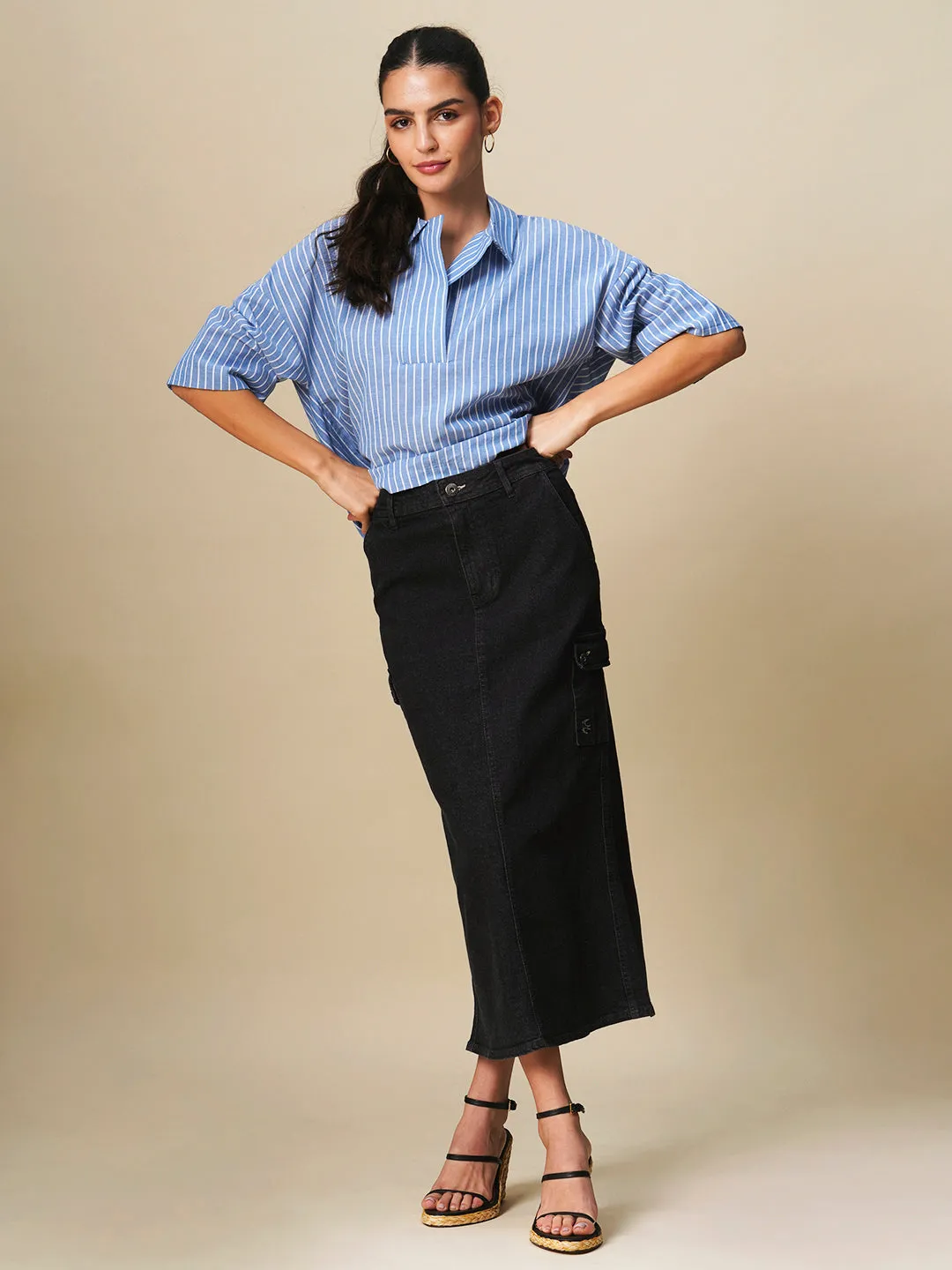 DENIM CARGO POCKET PENCIL SKIRT