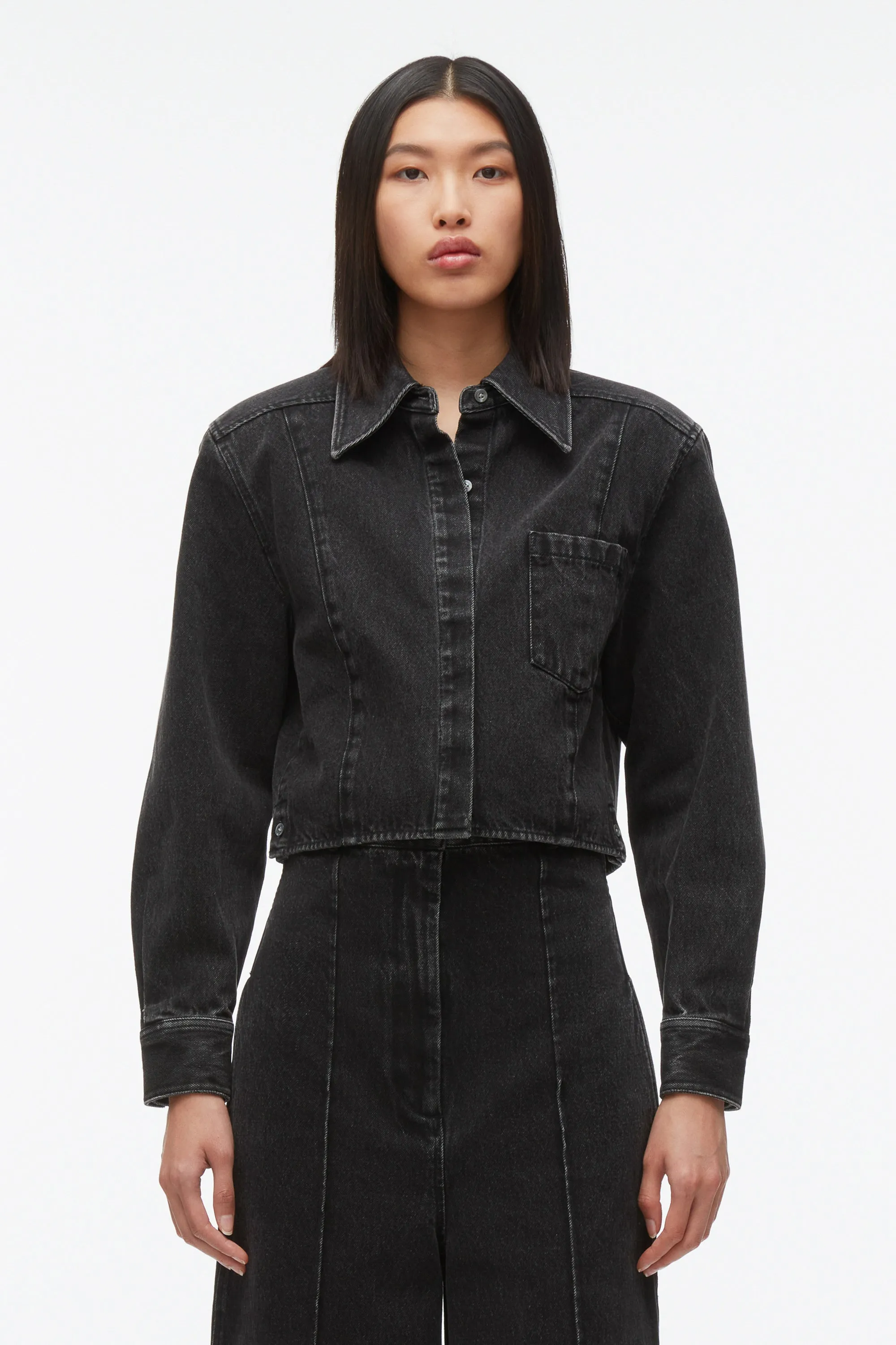 Denim Cropped Shirt with Shoulder Pads