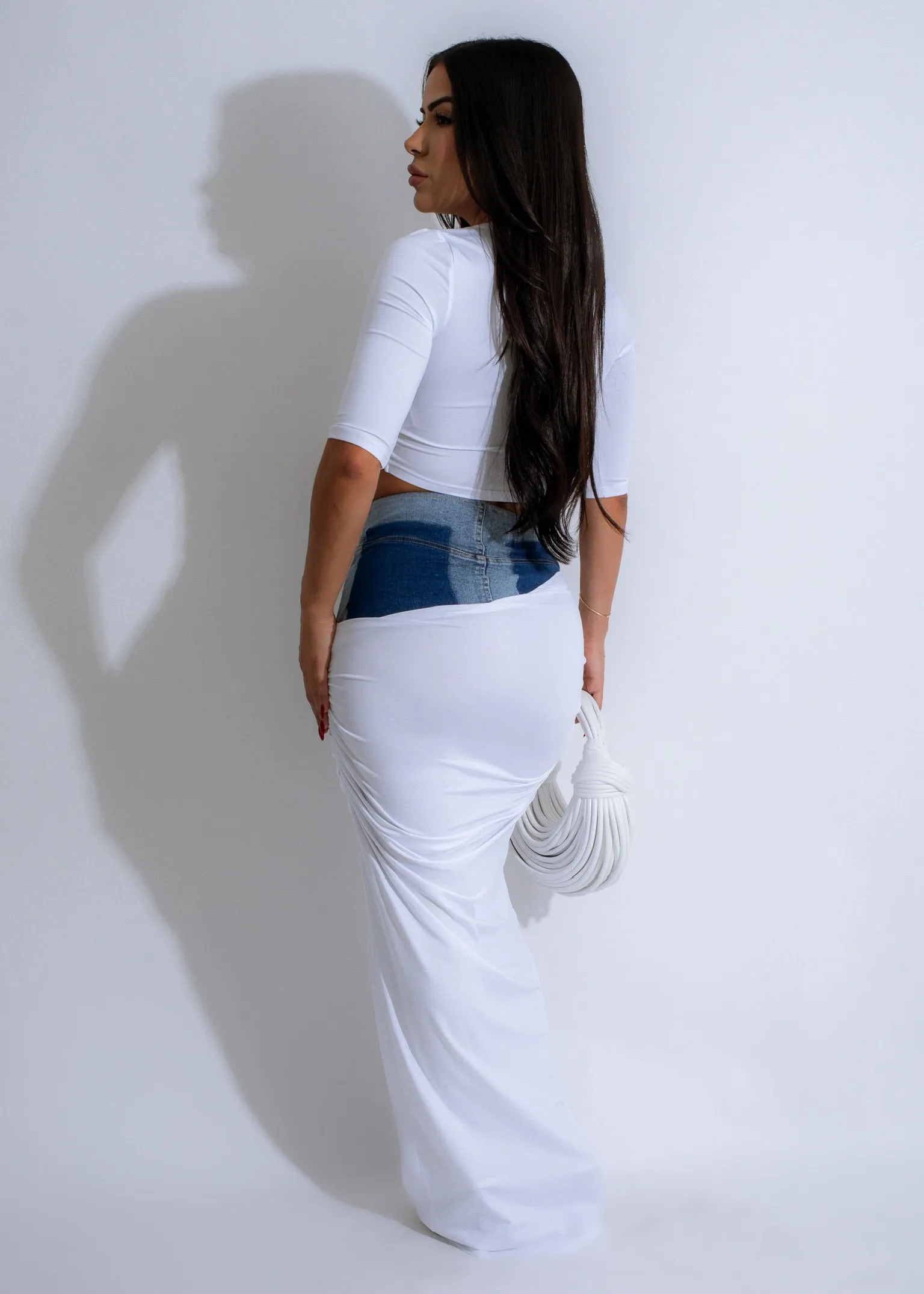 Don't Come Back Ruched Denim Skirt Set White