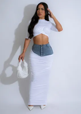 Don't Come Back Ruched Denim Skirt Set White