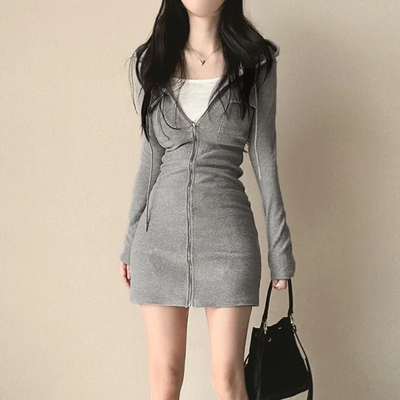 Drawstring Hooded Zipper Bodycon Hip-Wrapped Pocket Knitted Dress