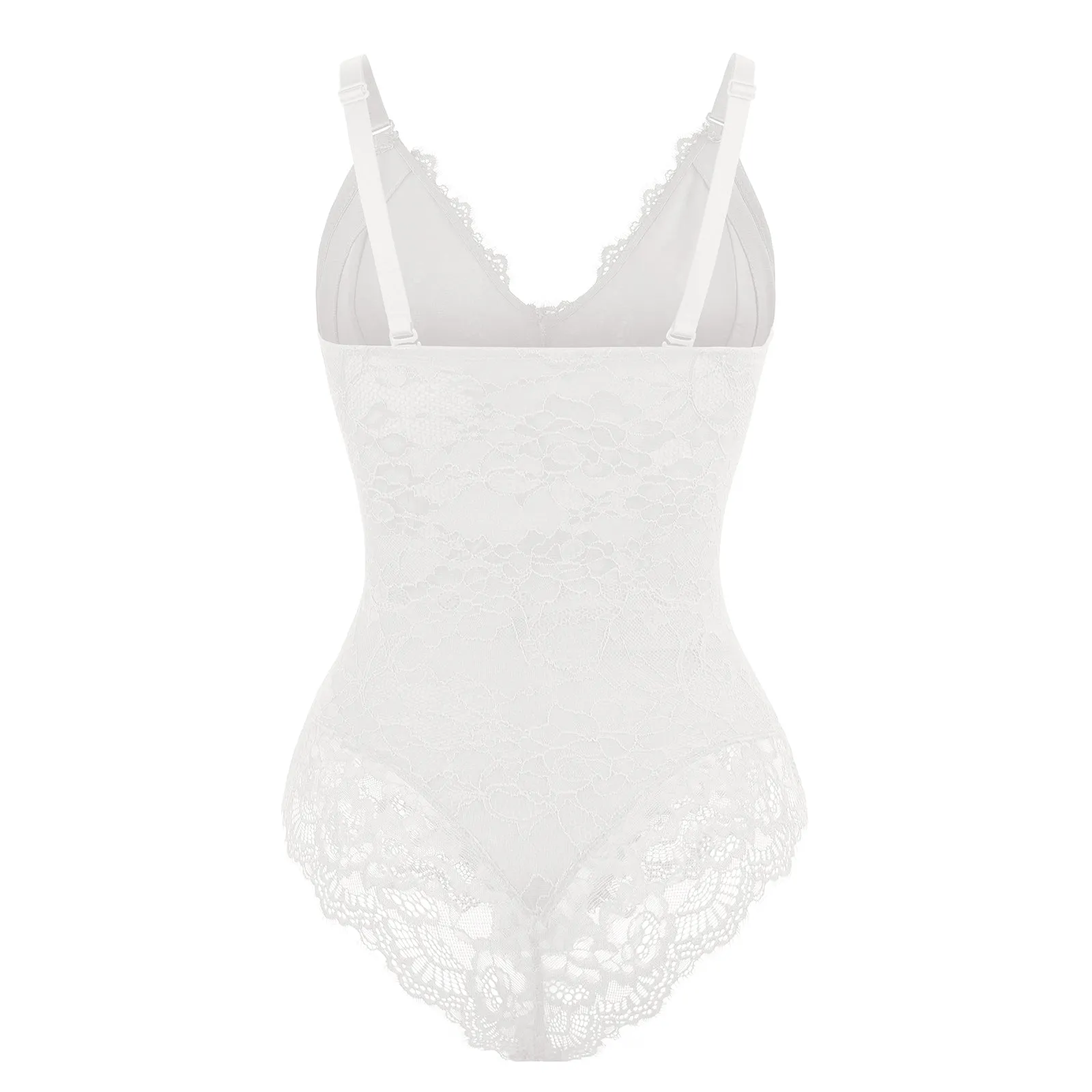 Elegant White Lace Deep V Slimming Tummy Control Bodysuit