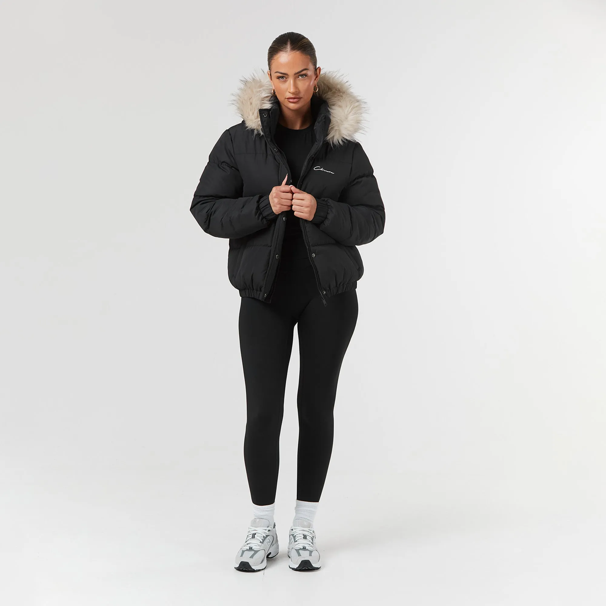 Faux Fur Cropped Puffer | Black