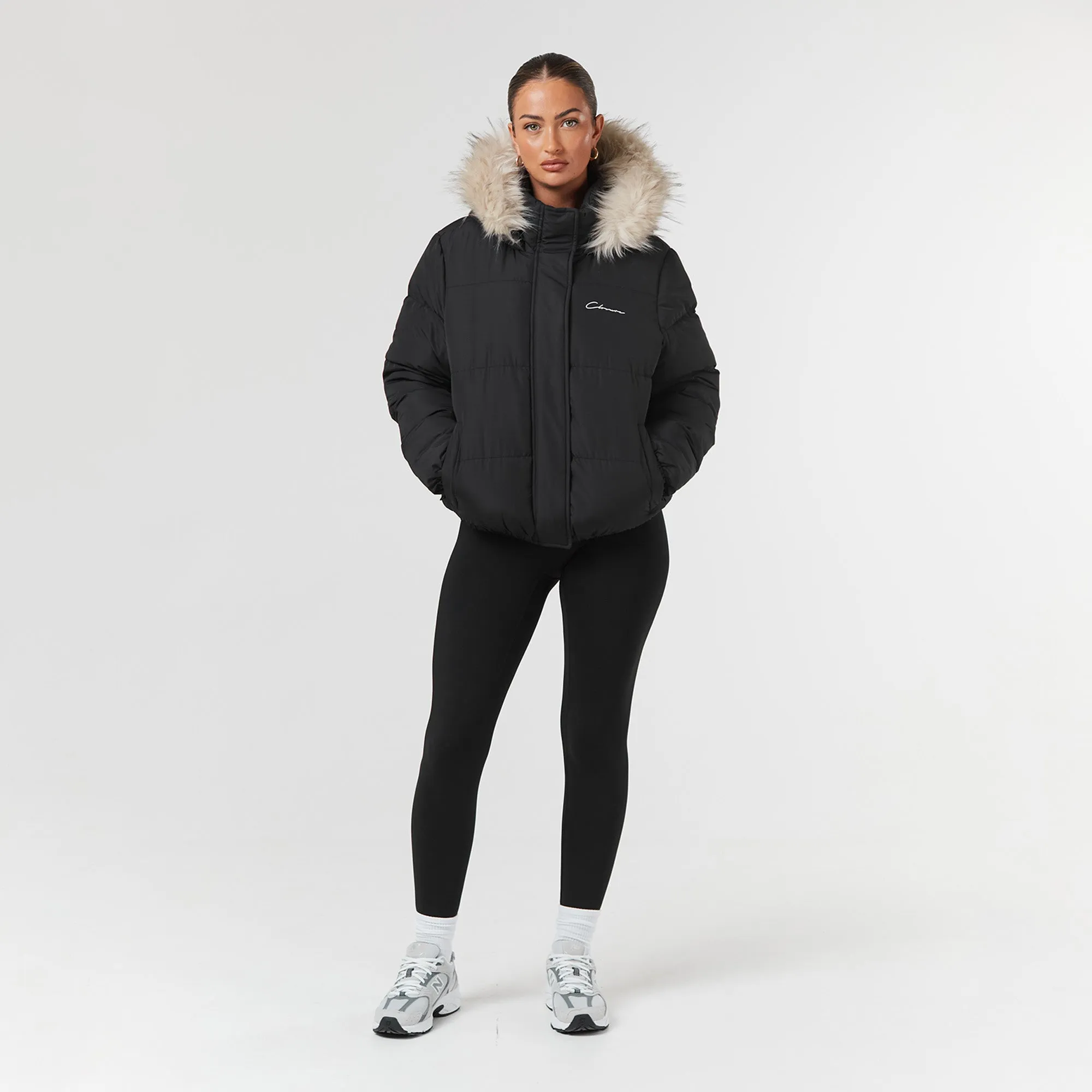 Faux Fur Cropped Puffer | Black