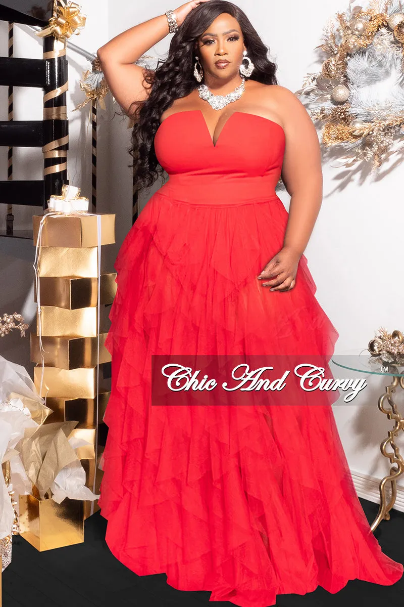 Final Sale Plus Size Strapless Deep V Maxi Tulle Dress with Slit in Red