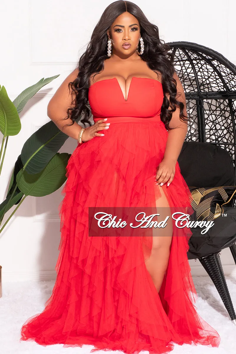 Final Sale Plus Size Strapless Deep V Maxi Tulle Dress with Slit in Red