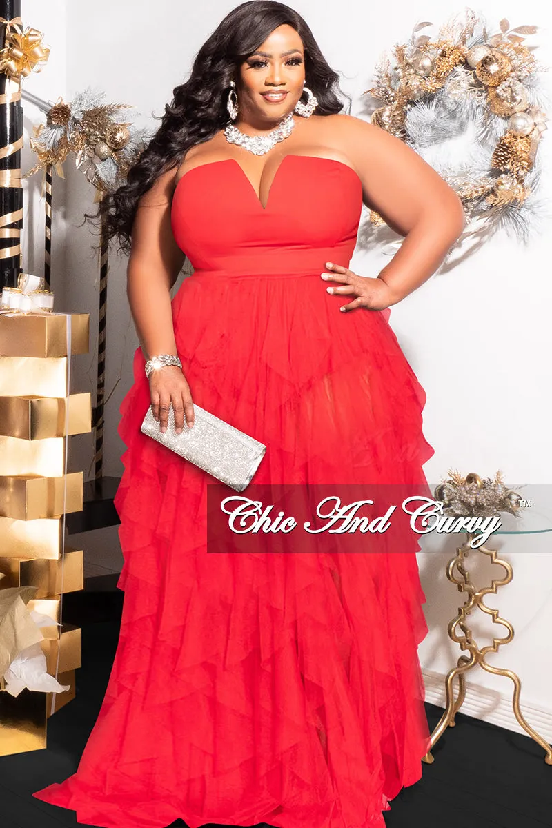 Final Sale Plus Size Strapless Deep V Maxi Tulle Dress with Slit in Red