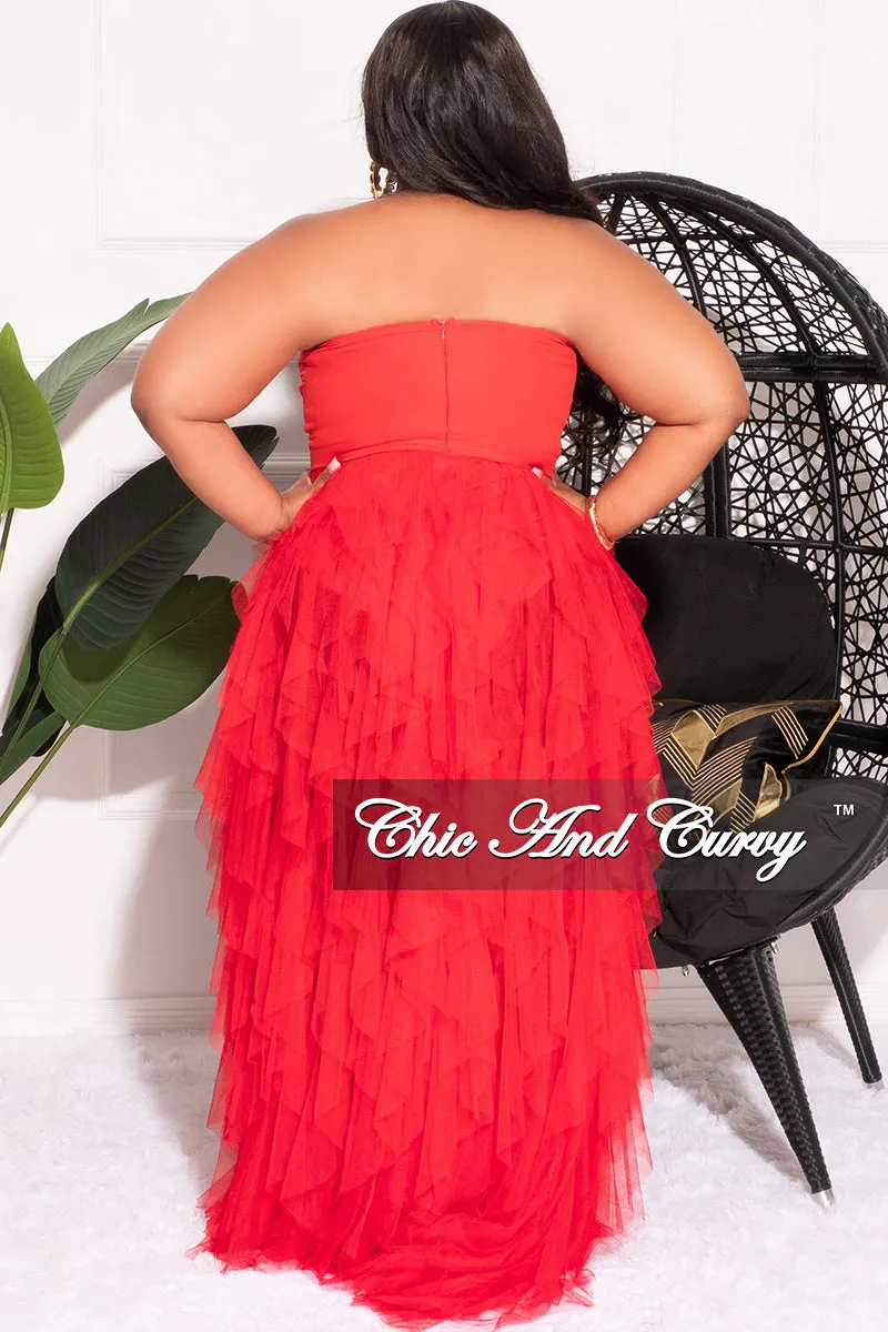 Final Sale Plus Size Strapless Deep V Maxi Tulle Dress with Slit in Red