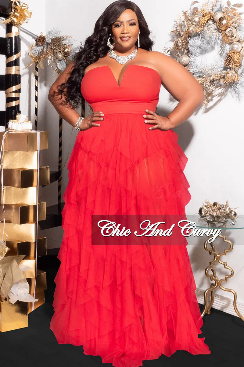 Final Sale Plus Size Strapless Deep V Maxi Tulle Dress with Slit in Red