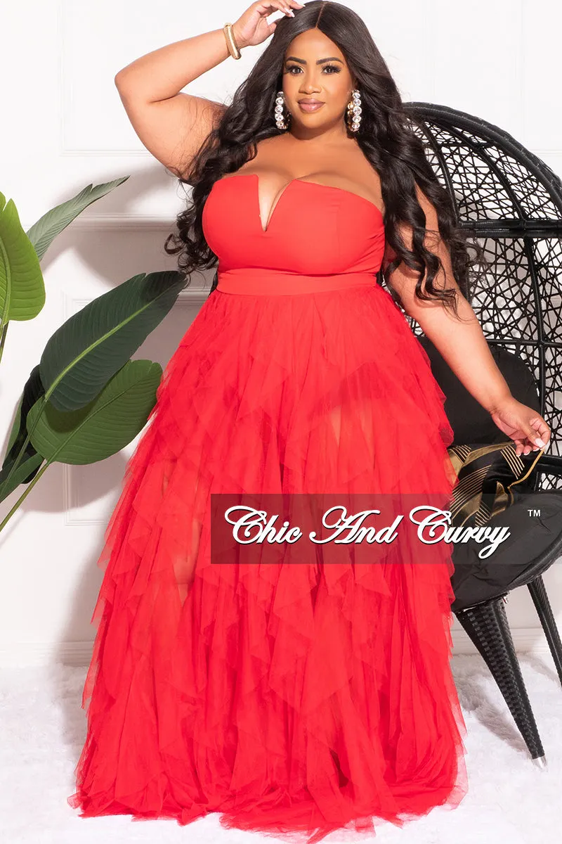 Final Sale Plus Size Strapless Deep V Maxi Tulle Dress with Slit in Red