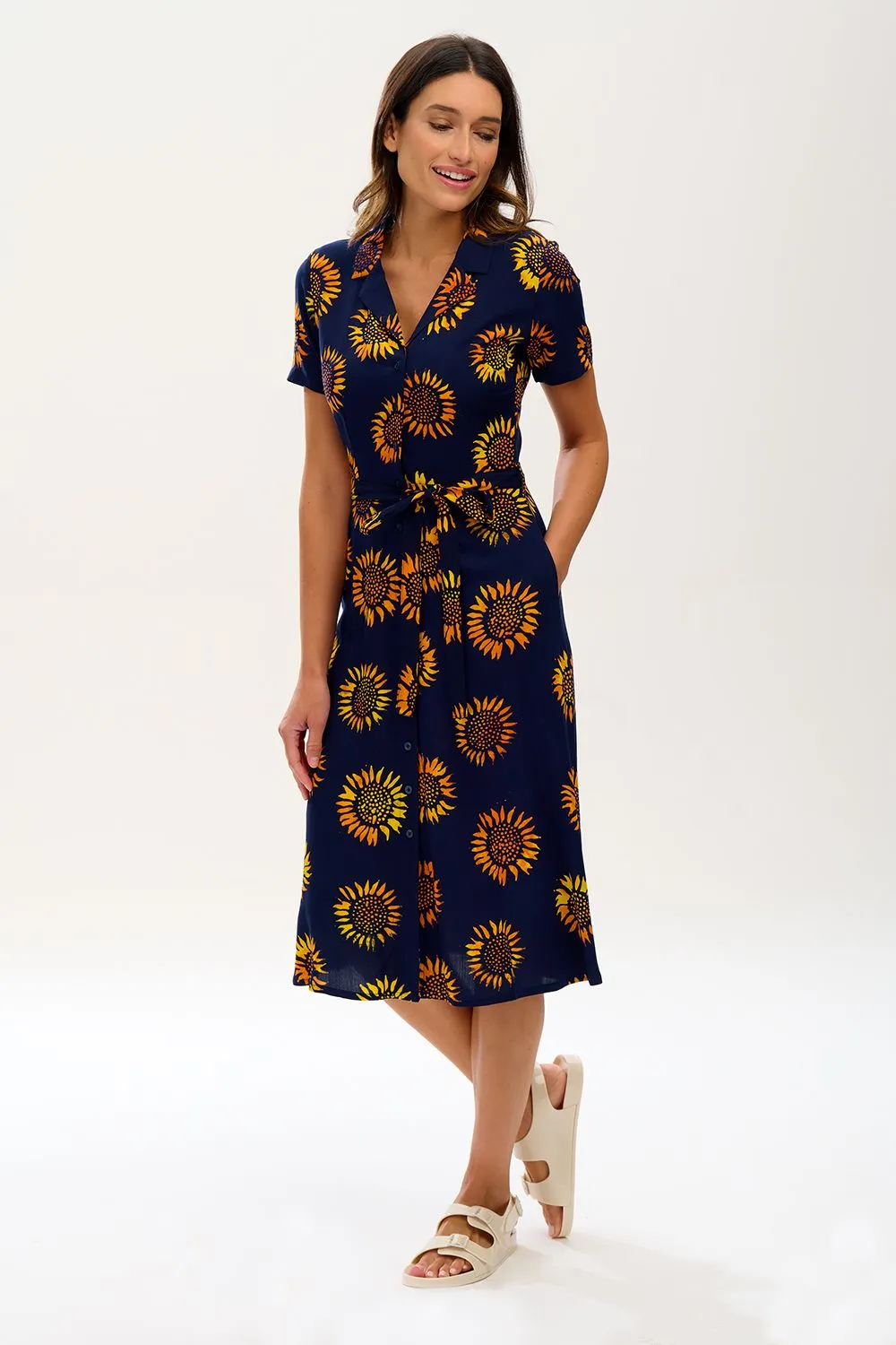 Fiona Batik Midi Shirt Dress (Navy, Sunflowers)