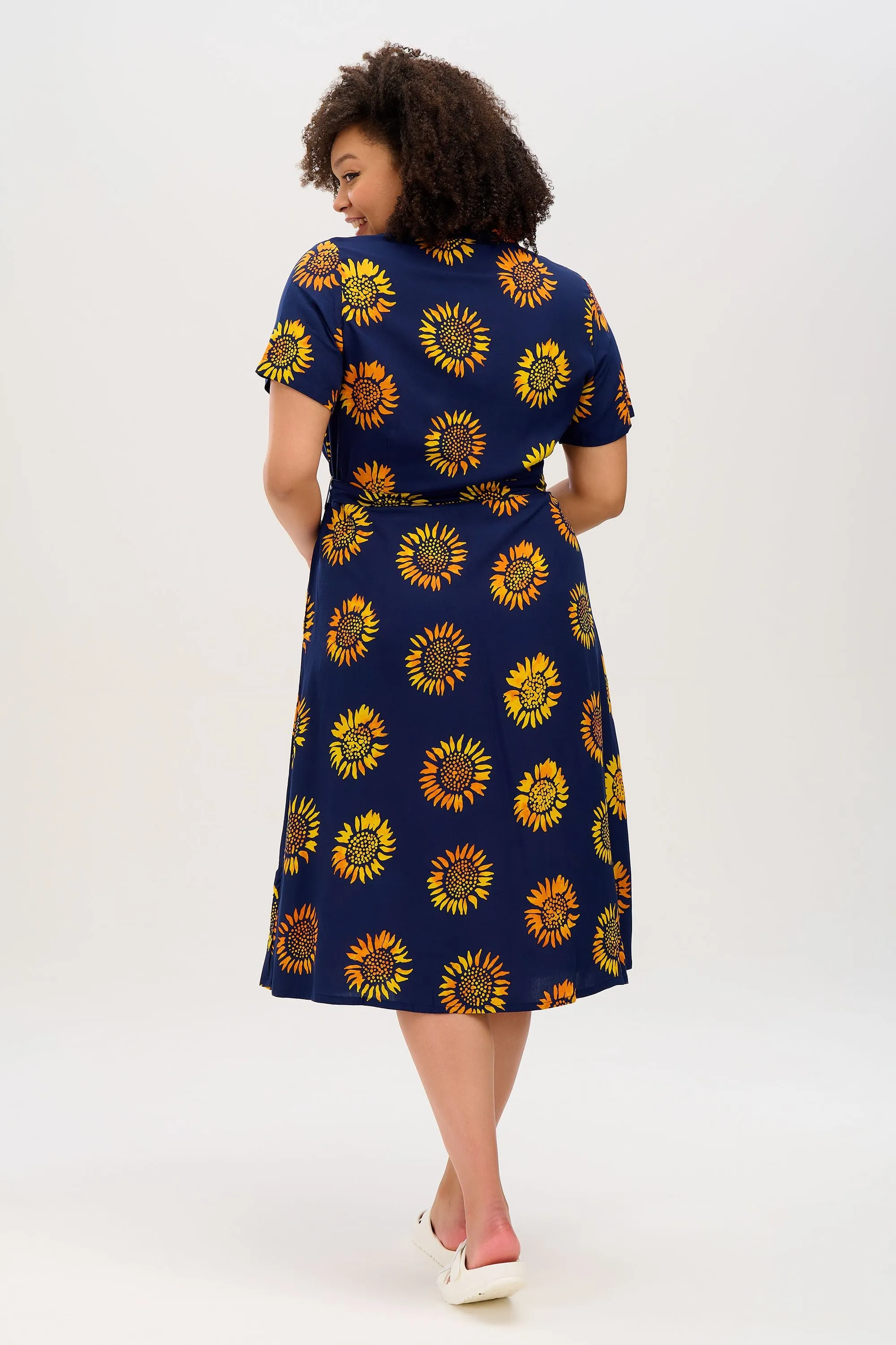 Fiona Batik Midi Shirt Dress (Navy, Sunflowers)