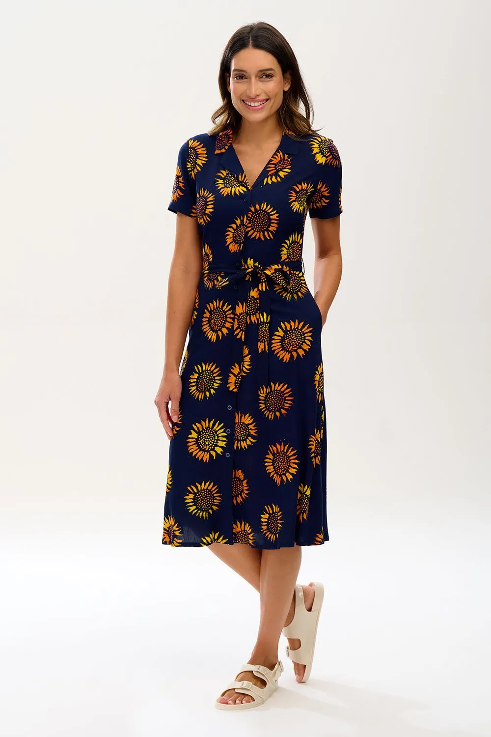 Fiona Batik Midi Shirt Dress (Navy, Sunflowers)