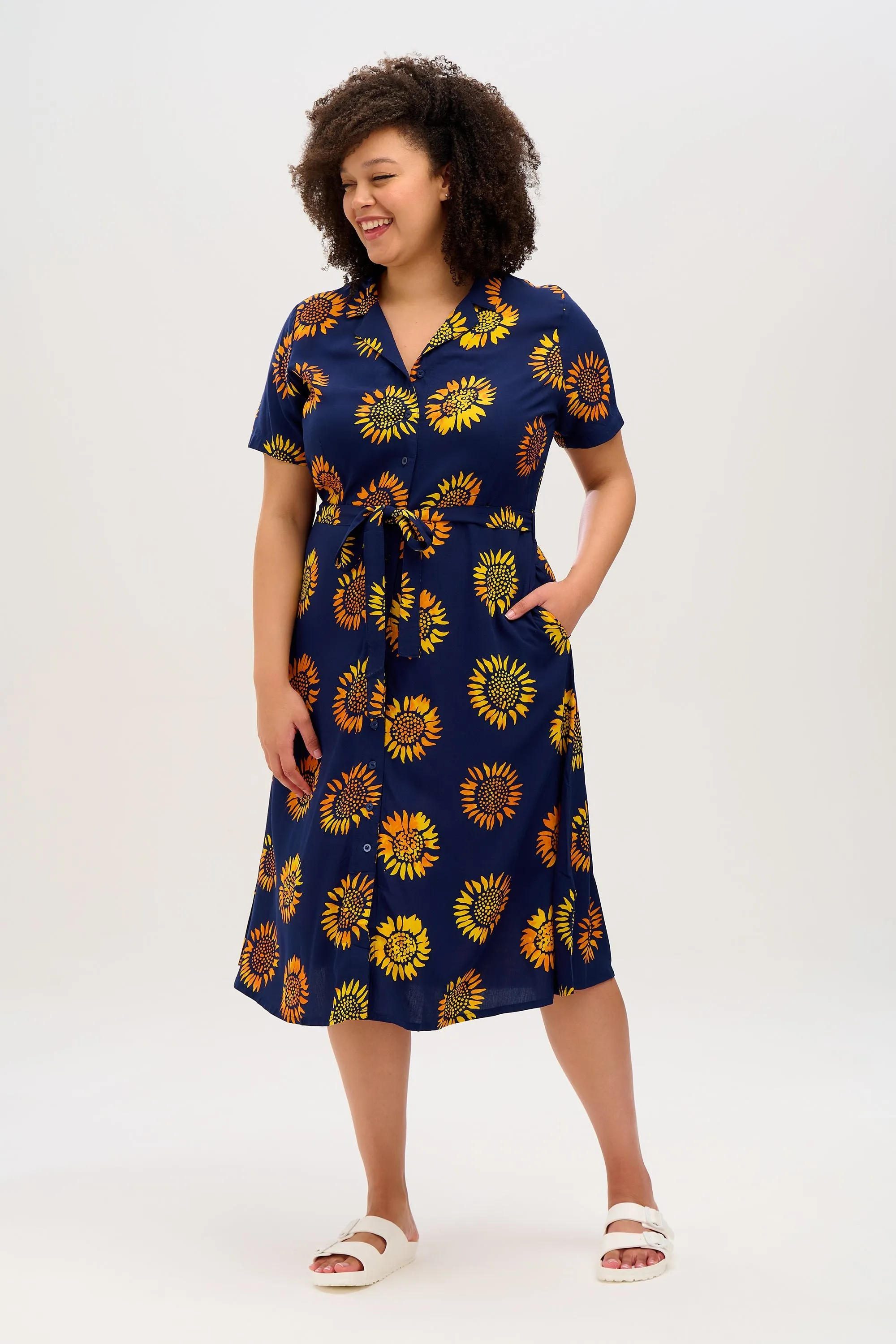 Fiona Batik Midi Shirt Dress (Navy, Sunflowers)