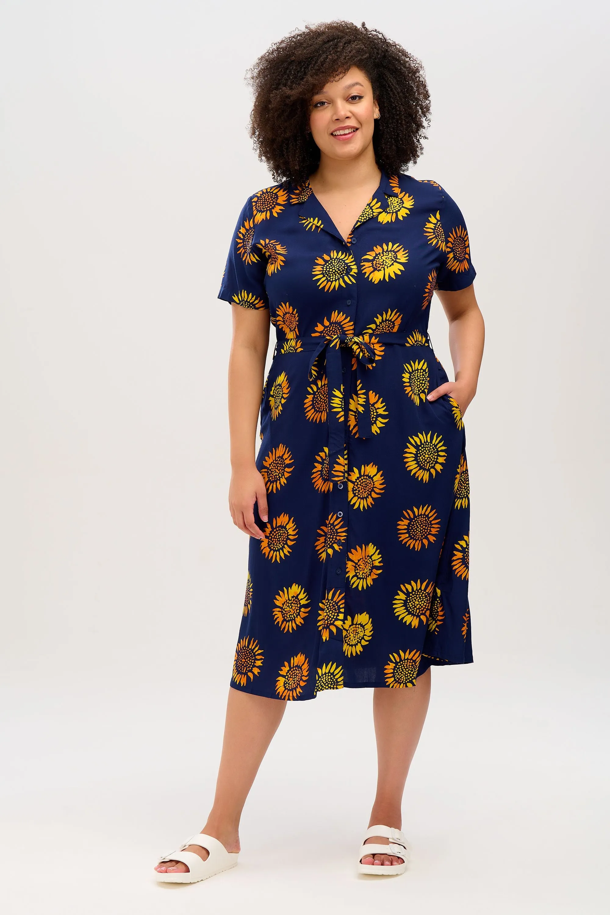 Fiona Batik Midi Shirt Dress (Navy, Sunflowers)