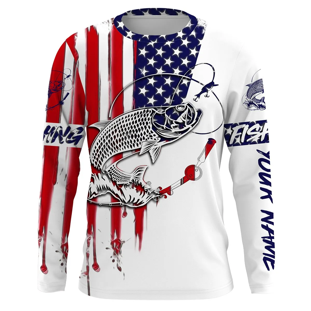 Fishing Shirt American Flag Tarpon Fishing Long Sleeve Apparel For Adult, Personalized Patriotic Fishing Gifts