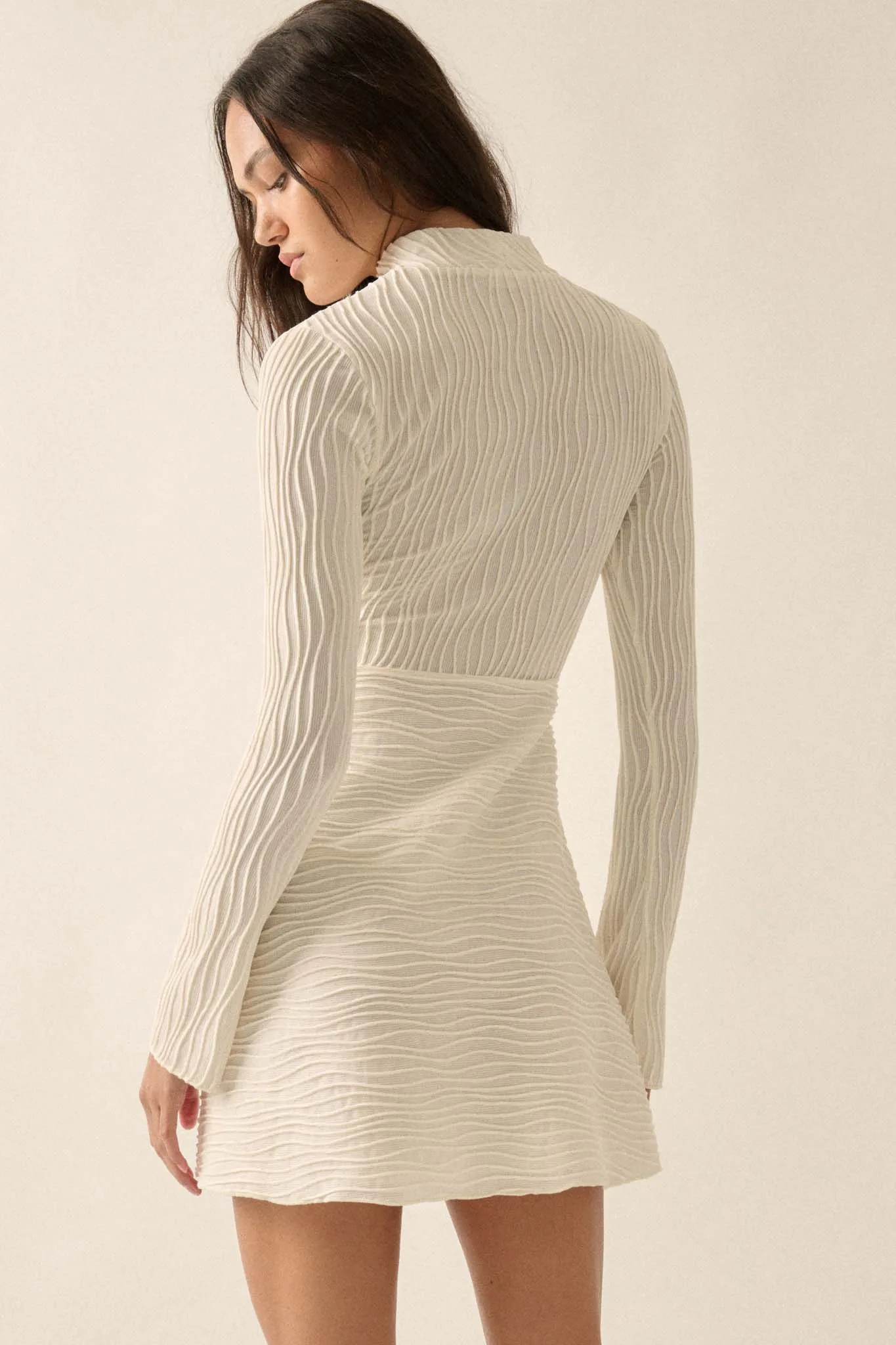 Flow Motion Wavy Ribbed-Knit Mock-Neck Mini Dress