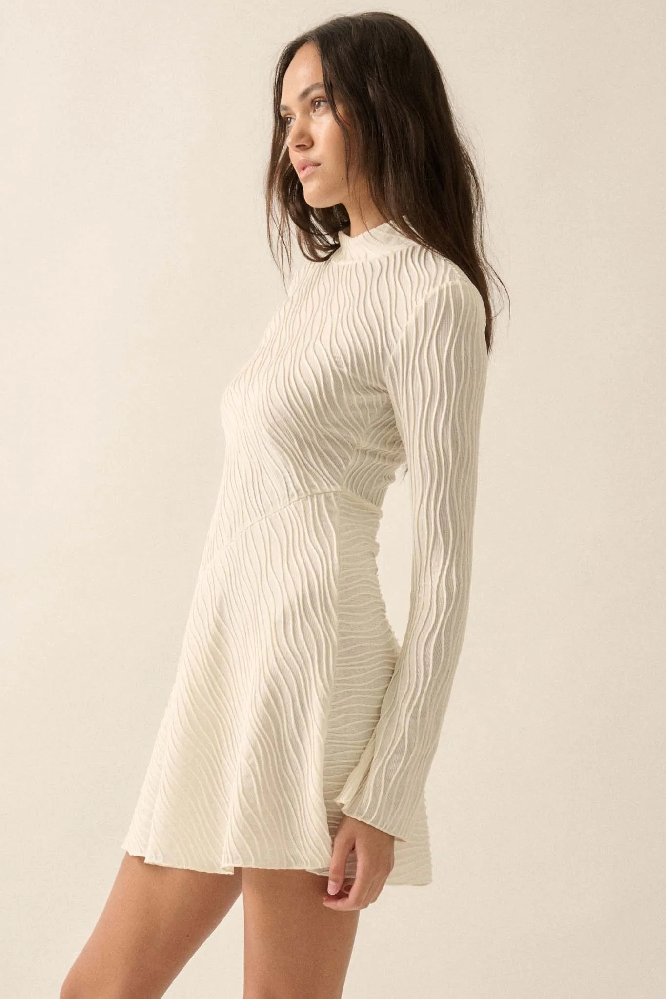 Flow Motion Wavy Ribbed-Knit Mock-Neck Mini Dress