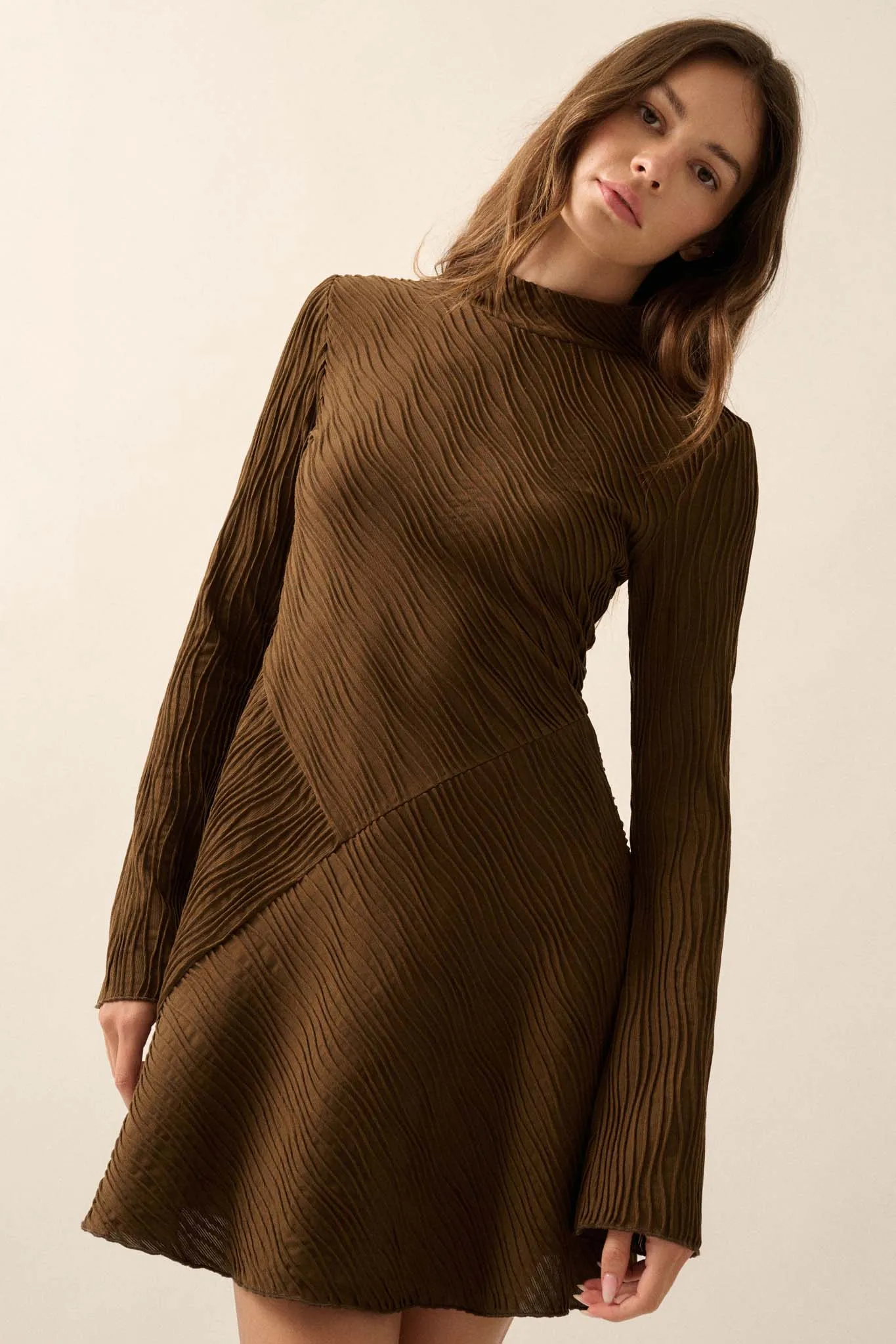 Flow Motion Wavy Ribbed-Knit Mock-Neck Mini Dress