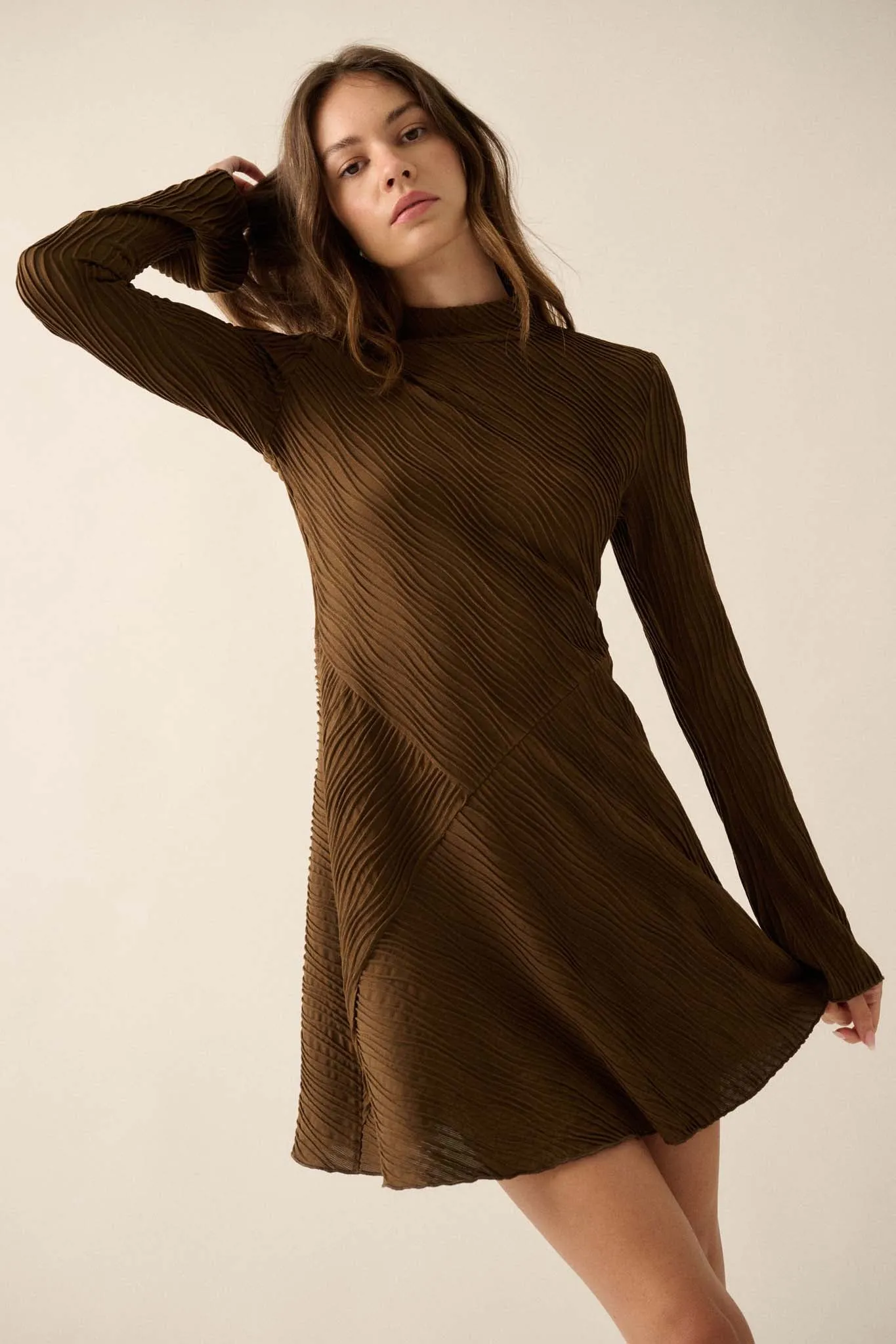 Flow Motion Wavy Ribbed-Knit Mock-Neck Mini Dress