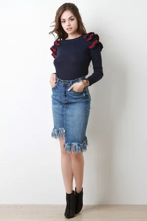 Frayed Asymmetrical Denim Pencil Skirt