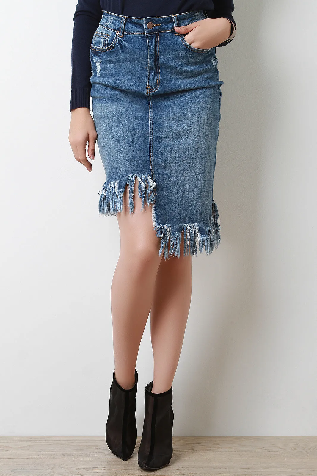 Frayed Asymmetrical Denim Pencil Skirt