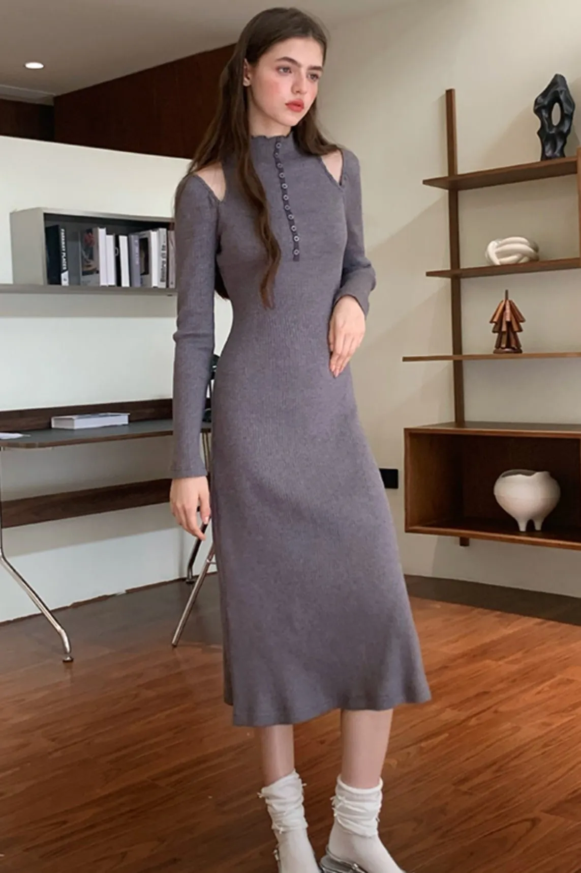 French Halterneck Off-Shoulder Knit Dress